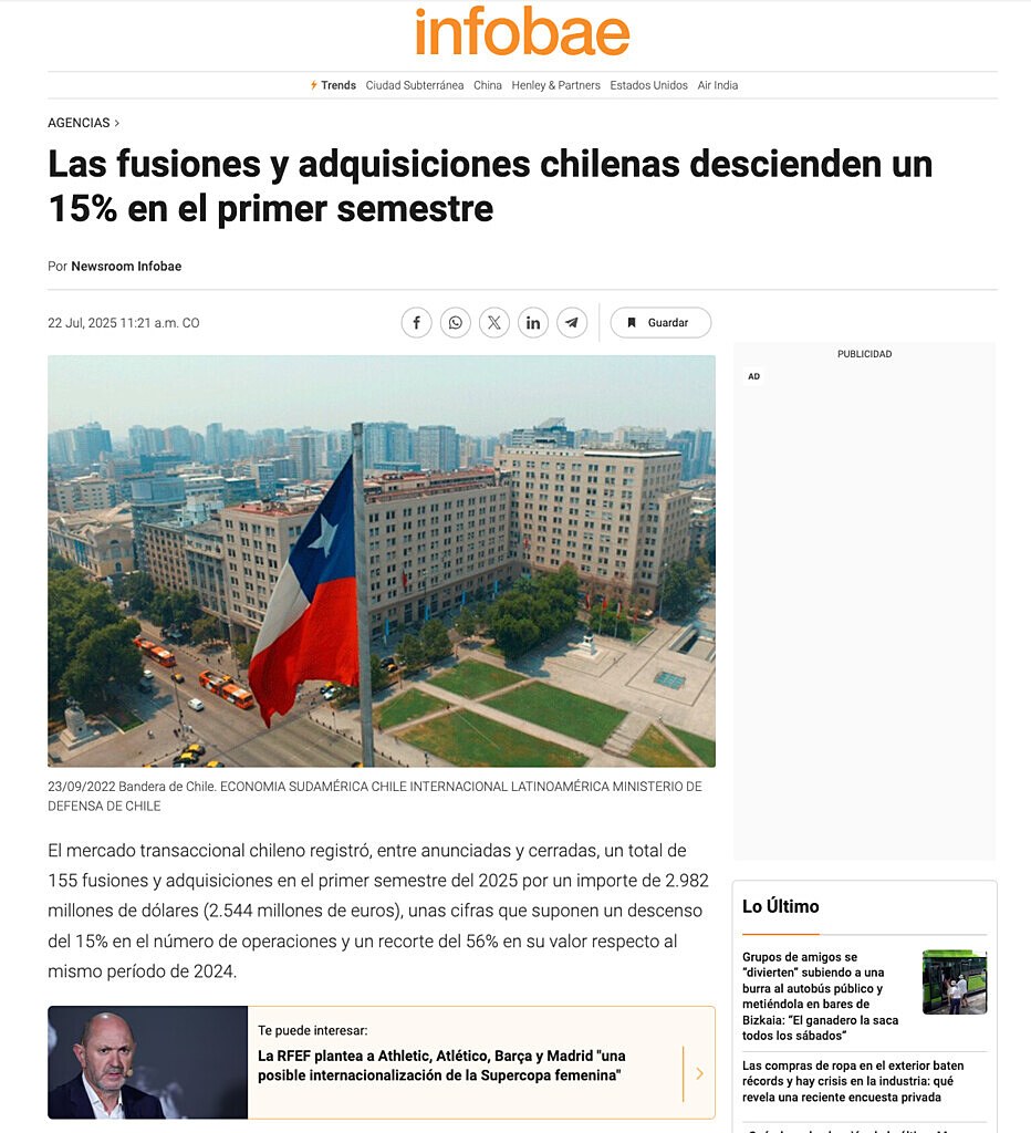 Las fusiones y adquisiciones chilenas descienden un 15% en el primer semestre
